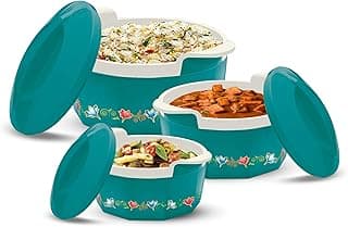 MILTON Elegance Jr. Inner Stainless Steel Casserole Gift Set Of 3 (395 Ml, 750 Ml, 1.35 Litres), Green | Pu Insulated | Bpa Free | Food Grade | Hot & Cold | Easy To Carry, Blue-Green