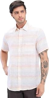 Colorplus Men's Regular Fit Stripe Pattern Pure Linen Plain Collar Half Sleeve Casual Shirt