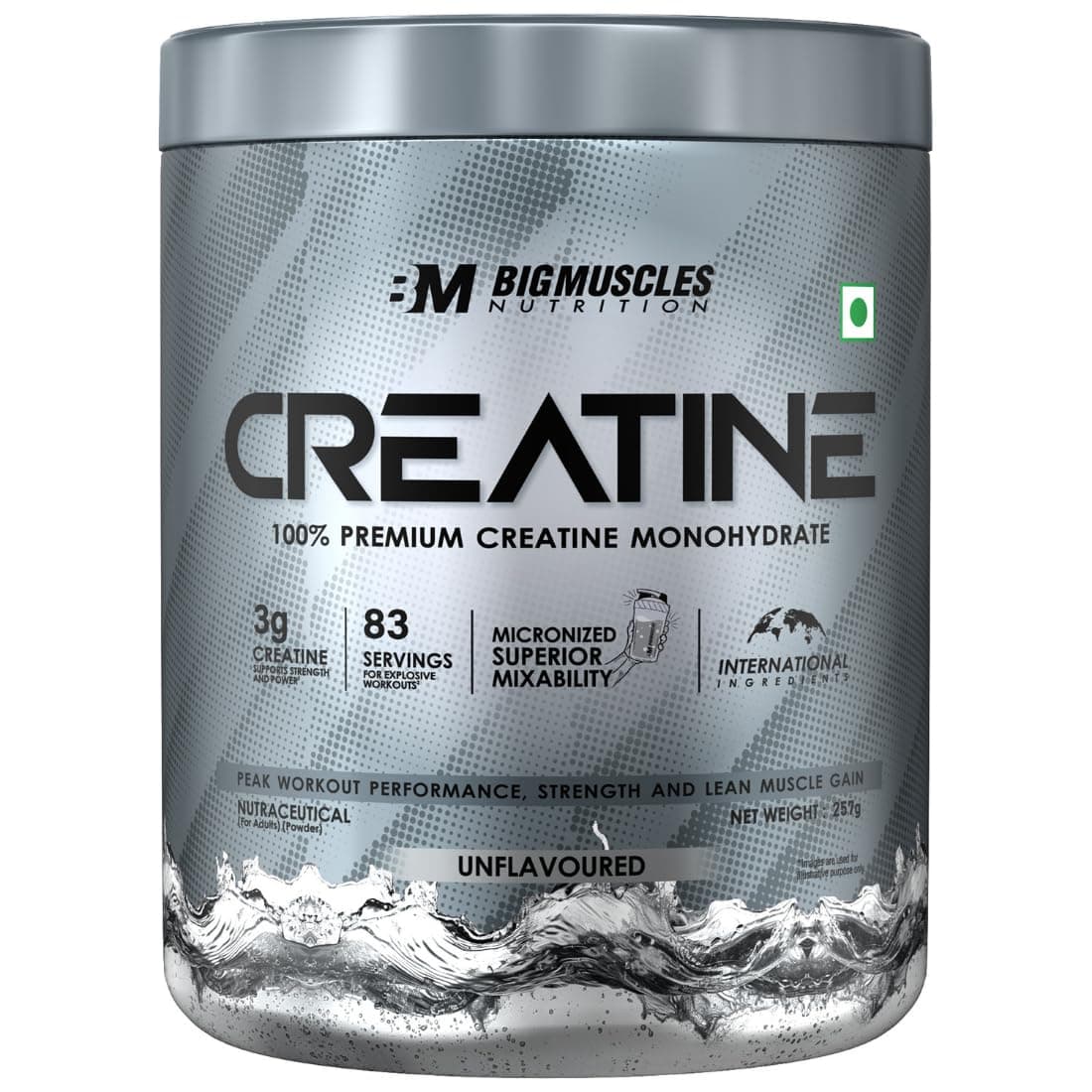 Bigmuscles Nutrition Creatine [257g, 83 Servings] | Unflavoured | Micronized Creatine Monohydrate To Support Lean Muscle Repair & Recovery, powder, 1 count