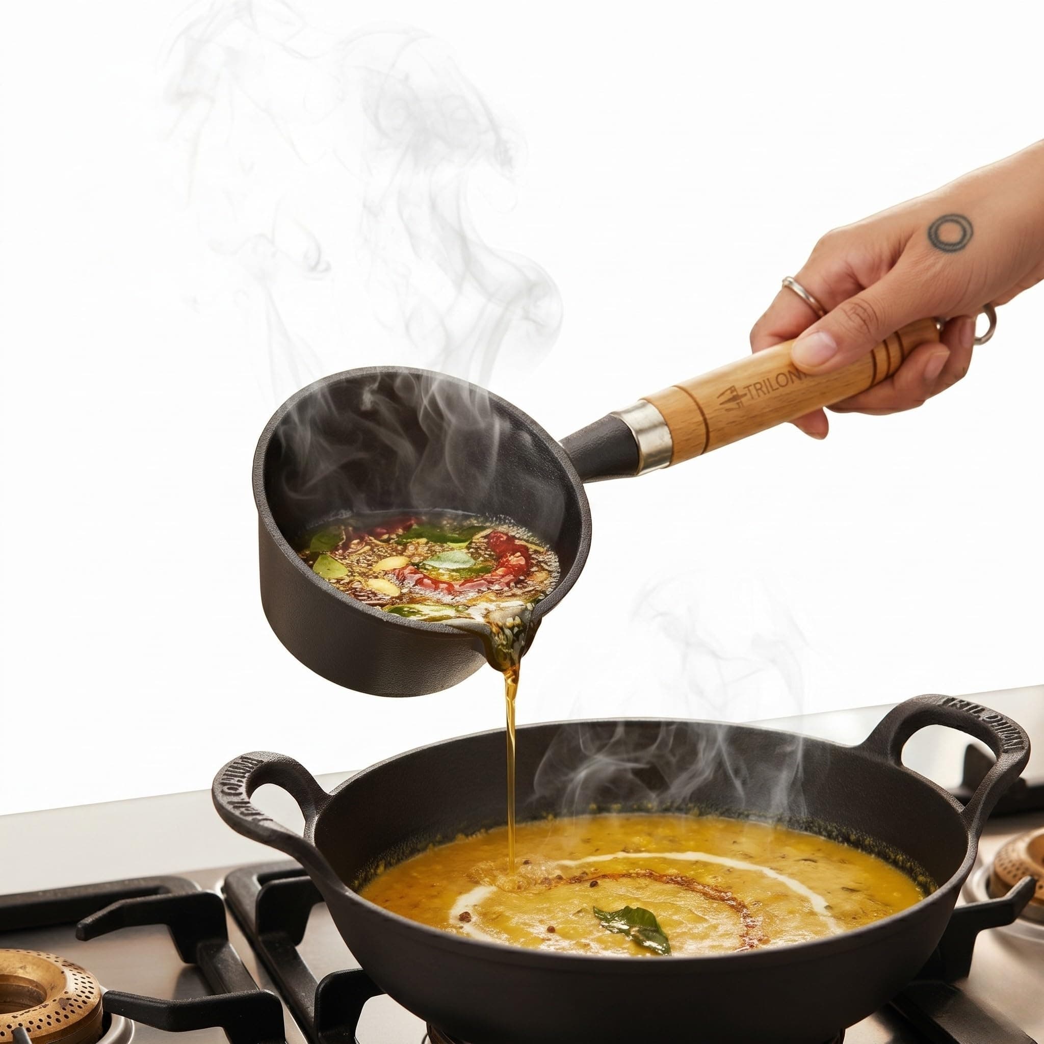 TRILONIUM Cast Iron Tadka Pan | Pre-Seasoned | Dia 11 cms | Depth 5 cms | Weight 600 GMS | Capacity: 300ml | Black, Non-Stick Finish
