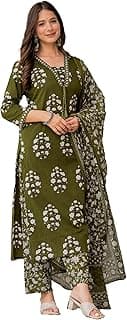 PARTHVI Women's Pure Cotton Printed Straight Kurta Set with Palazzo Pants & Dupatta- Ethnic Wear, Green