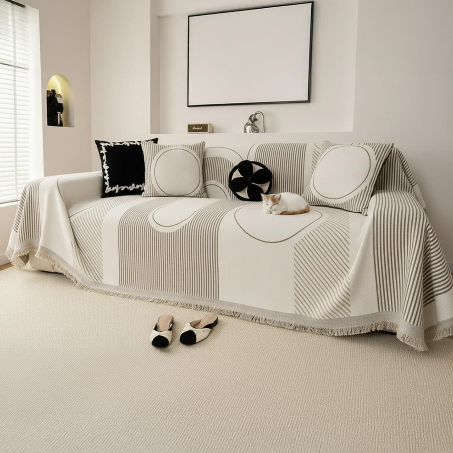 The Furnishing Tree 3 Seater Reversible Chenille Sofa Cover, Double-Sided Luxury Throw, Anti-Slip Couch Cover, Soft & Comfortable Sofa Towel for All Seasons, Sand Beige