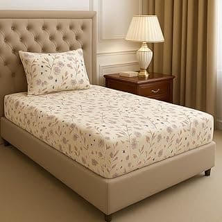 BSB HOME Premium Cotton Elastic Fitted Bedsheets with 1 Pillow Covers |Leaf Printed Single Bed Elastic 220 TC Supersoft Breathable & Wrinklefree | for 72x36+6 Inches, Almonds and Green