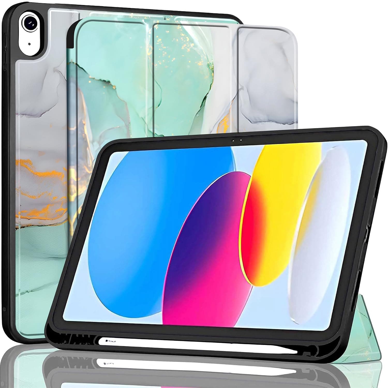 ProElite Smart Case for iPad (A16) 11th/10th Generation (2025/2022) [Auto Sleep/Wake Cover] [Left Side Pencil Holder] [Soft Flexible Case] Recoil Series - Marble Green