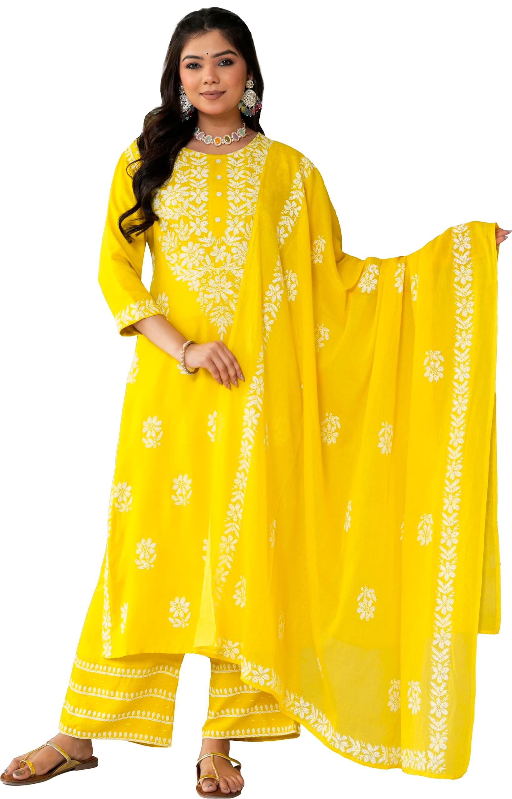 Yash Gallery Women’s Rayon Printed 3-Piece Kurta Set with Dupatta & Pants |Straight Fit Ethnic Wear | Floral Printed Design | Festive, Office & Casual Wear | Not Embroidered