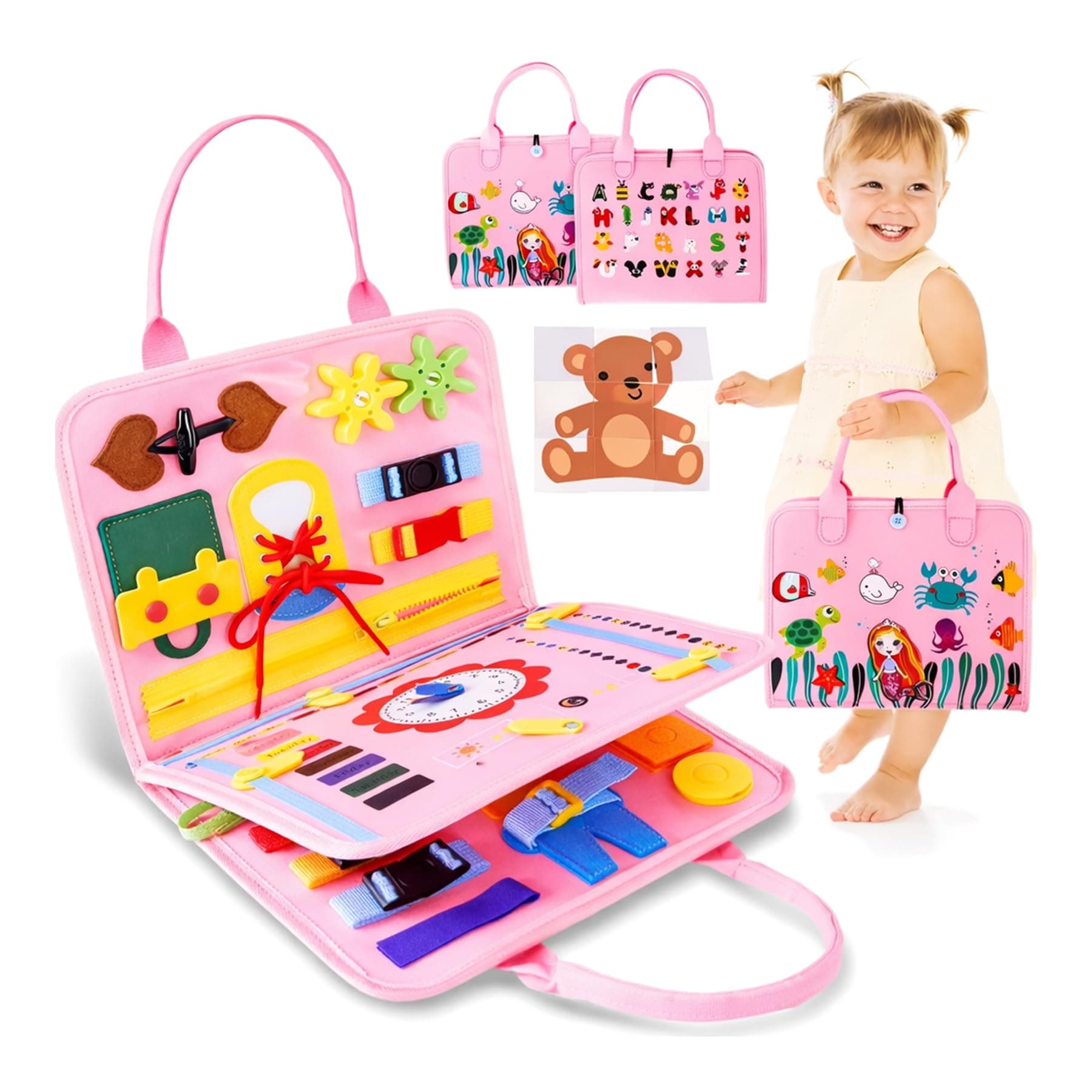 Wishkey Busy Board Activity Binder for Toddlers 1–4 Years Montessori Sensory Busy Book with 19 Motor Skill Activities Soft Felt Educational Learning Toy Travel Toy & Birthday Gift for Kids Pink