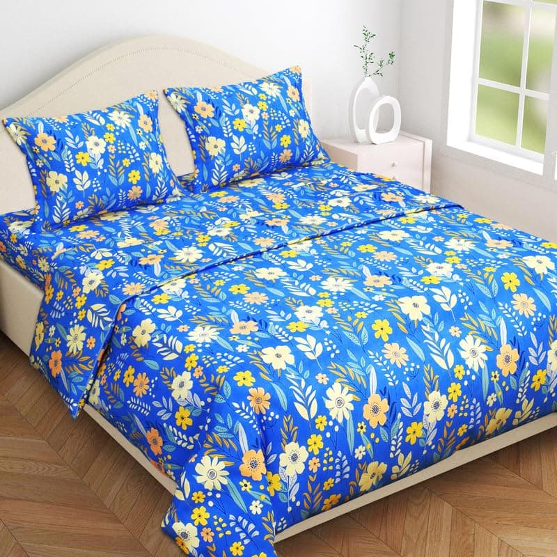 VAS COLLECTIONS XXL Microfiber Soft Cotton King Size Bedsheet for Double Bed, King Size 108 x108 in, 9 Feet, 275x275 cm | 2 Large Size Pillow Covers Without Joint - Blue & Yellow, 200 tc - 240 tc