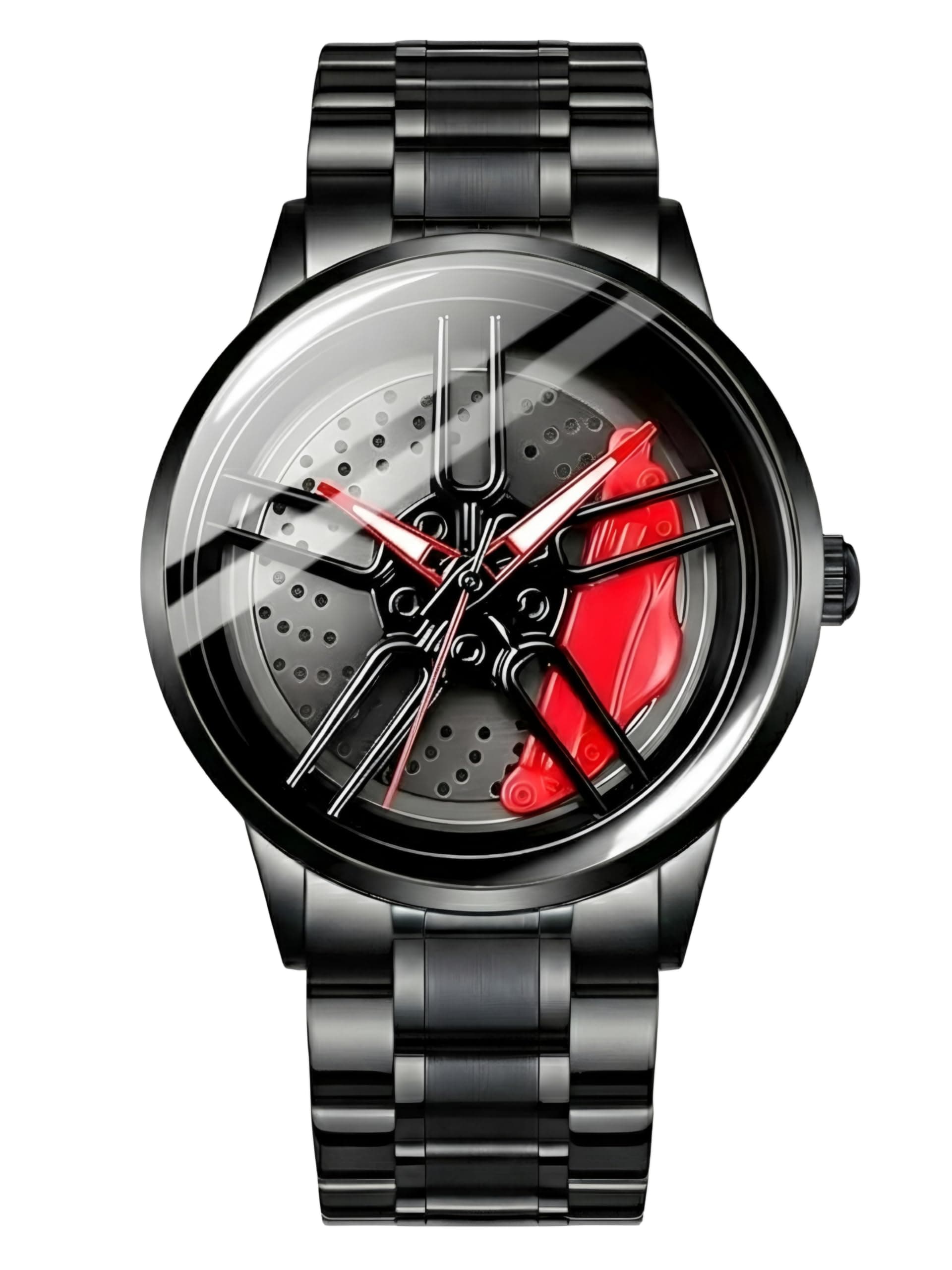Oculus Men's Racing Rim Design Rolling car Alloy Wheel, 360° Spinning Rotating gyro Dial, Black Stainless Steel Band, Quartz Movement, Red Accents Watch for Boys