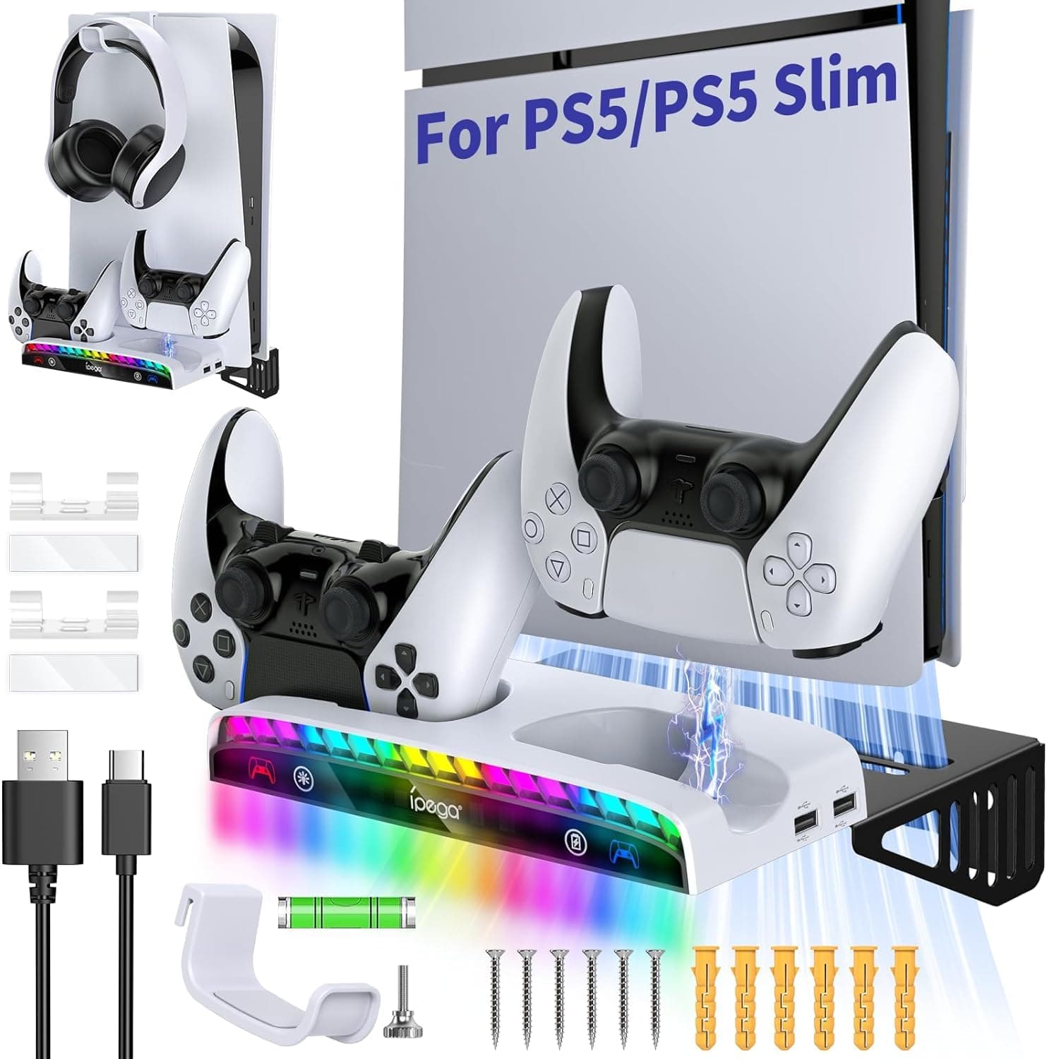 New World Wall Mount Kit for PS5 Slim/PS5 Fat Console-Dual Charging Station Compatible with PlayStation 5 Accessories (Disc & Digital)-15 RGB Light-3 USB HUB-Headset Holder