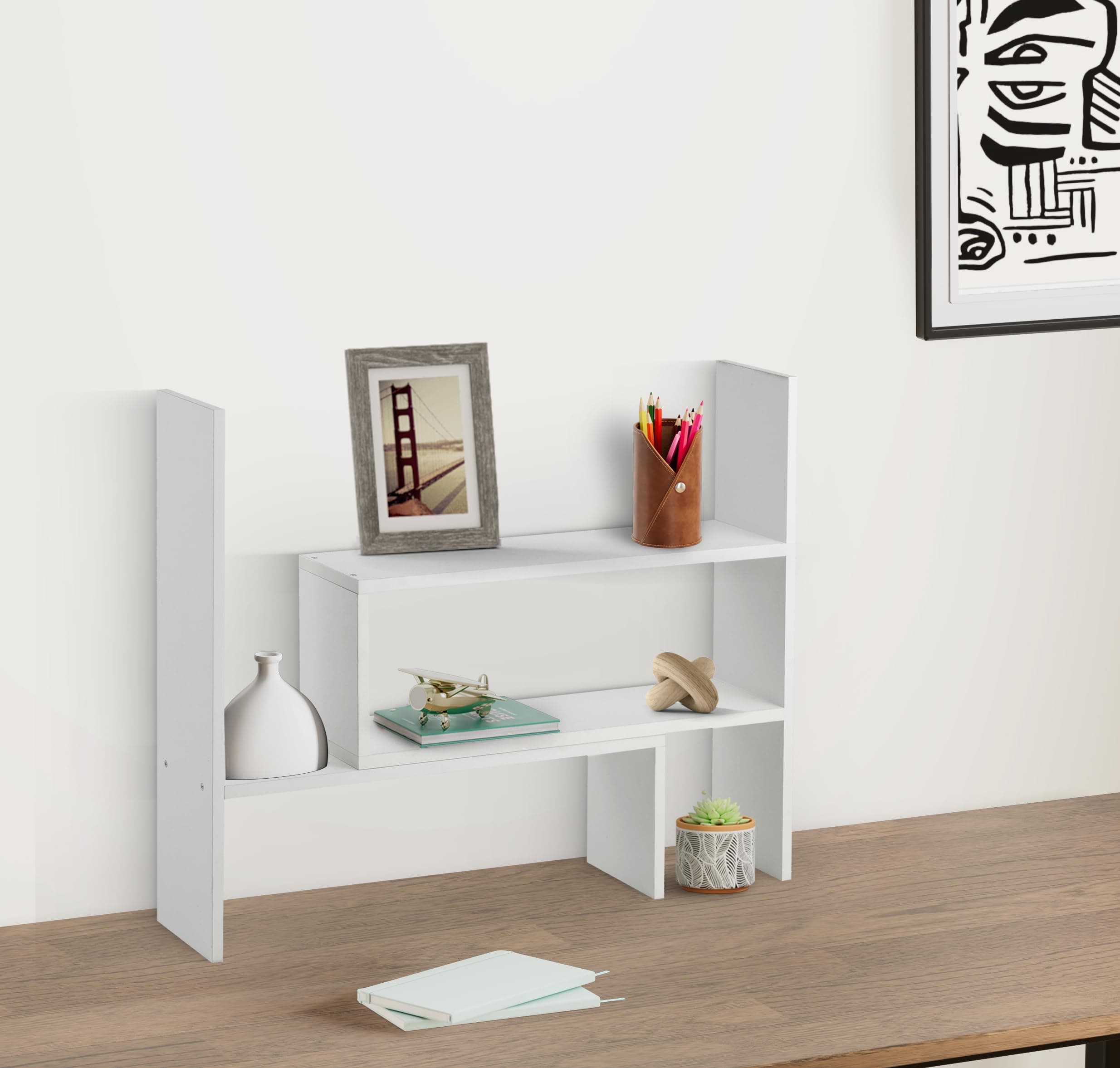 Amazon Brand - Solimo Adjustable Wood Desktop Storage Organizer Display Shelf Rack | Spice Rack | Counter Top Bookcase Book Shelf | Home Décor Display & Storage Rack | Cabinet Unit |White