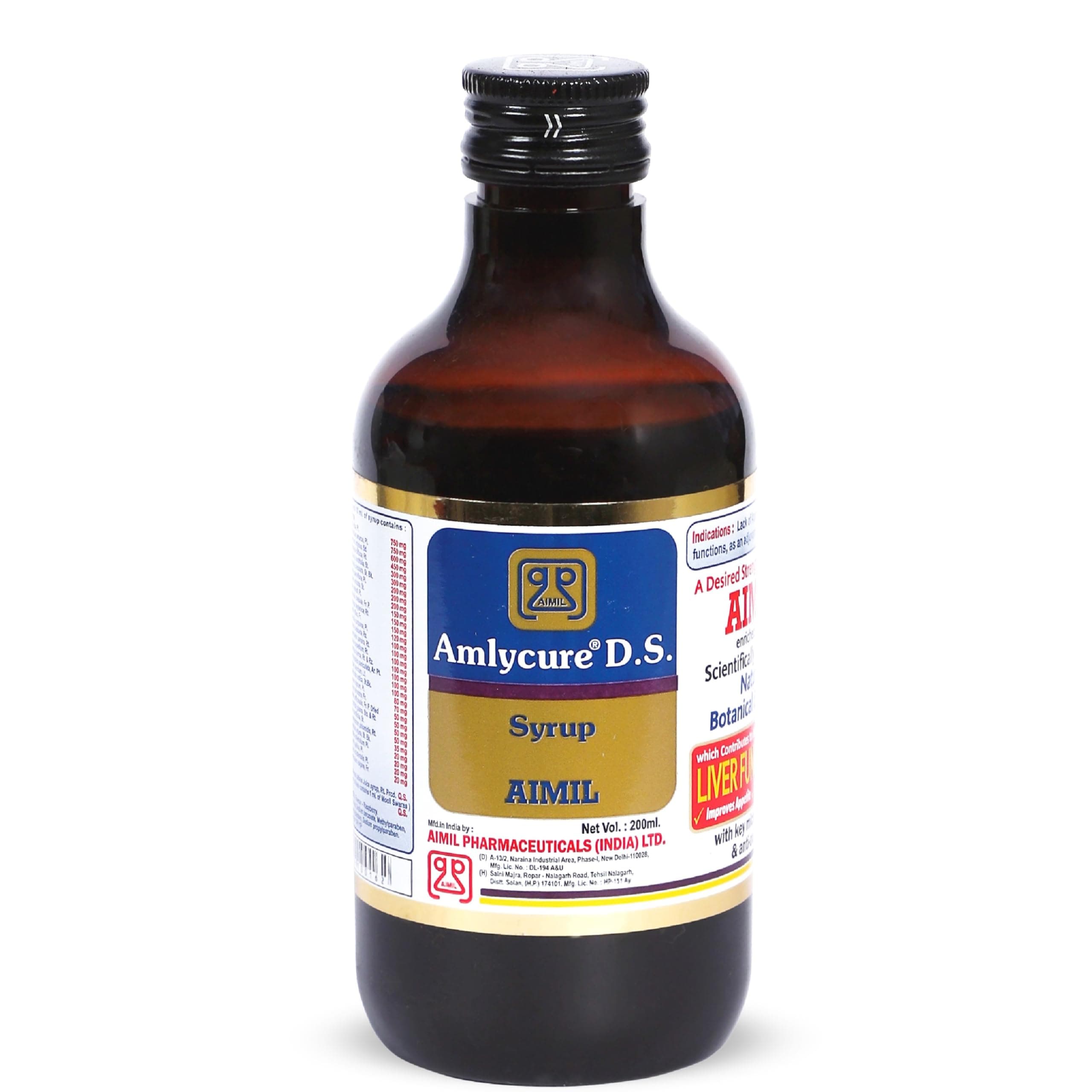 AIMIL Amlycure D.S. Syrup for Liver Health – 200ml | Ayurvedic Liver Tonic & Metabolism Booster | Supports Digestion, Appetite, and Detoxification with Natural Botanical Extracts (Pack of 1)