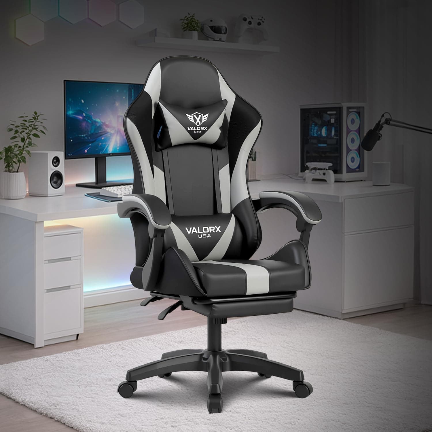 VALORXUSA Warrior 2026 Edition Gaming & Office Ergonomic Chair |Vegan Leather| 360° Swivel, High Back 135° Recliner | Adjustable Height & Linkage Armrest| Lumbar Support, 3 Year Warranty, Light Grey