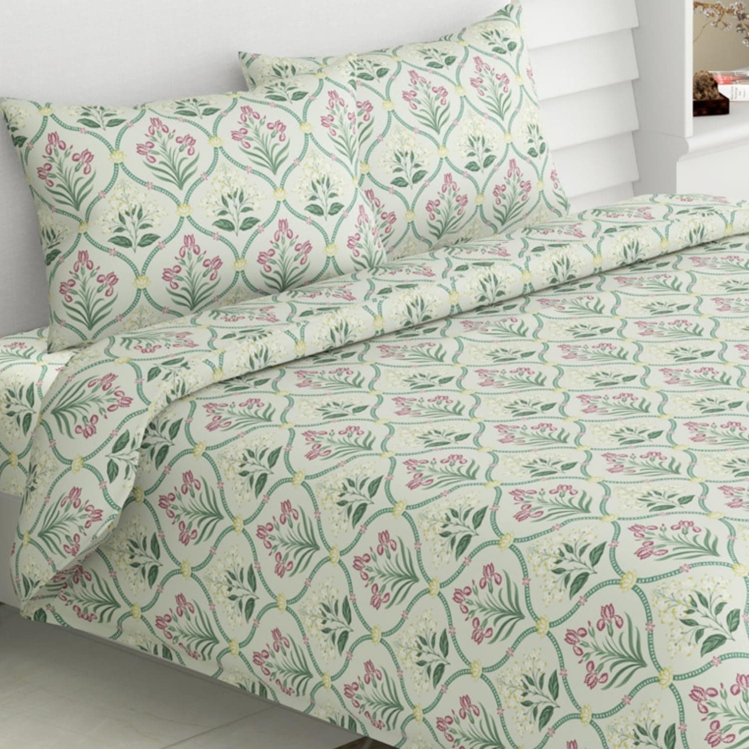 haus & kinder Pure Cotton Queen Size Floral Bedsheet with 2 Pillow Cases, 186 TC Bedsheet for Double Bed, 90X100 Inches Bed Sheet-Green Blossom