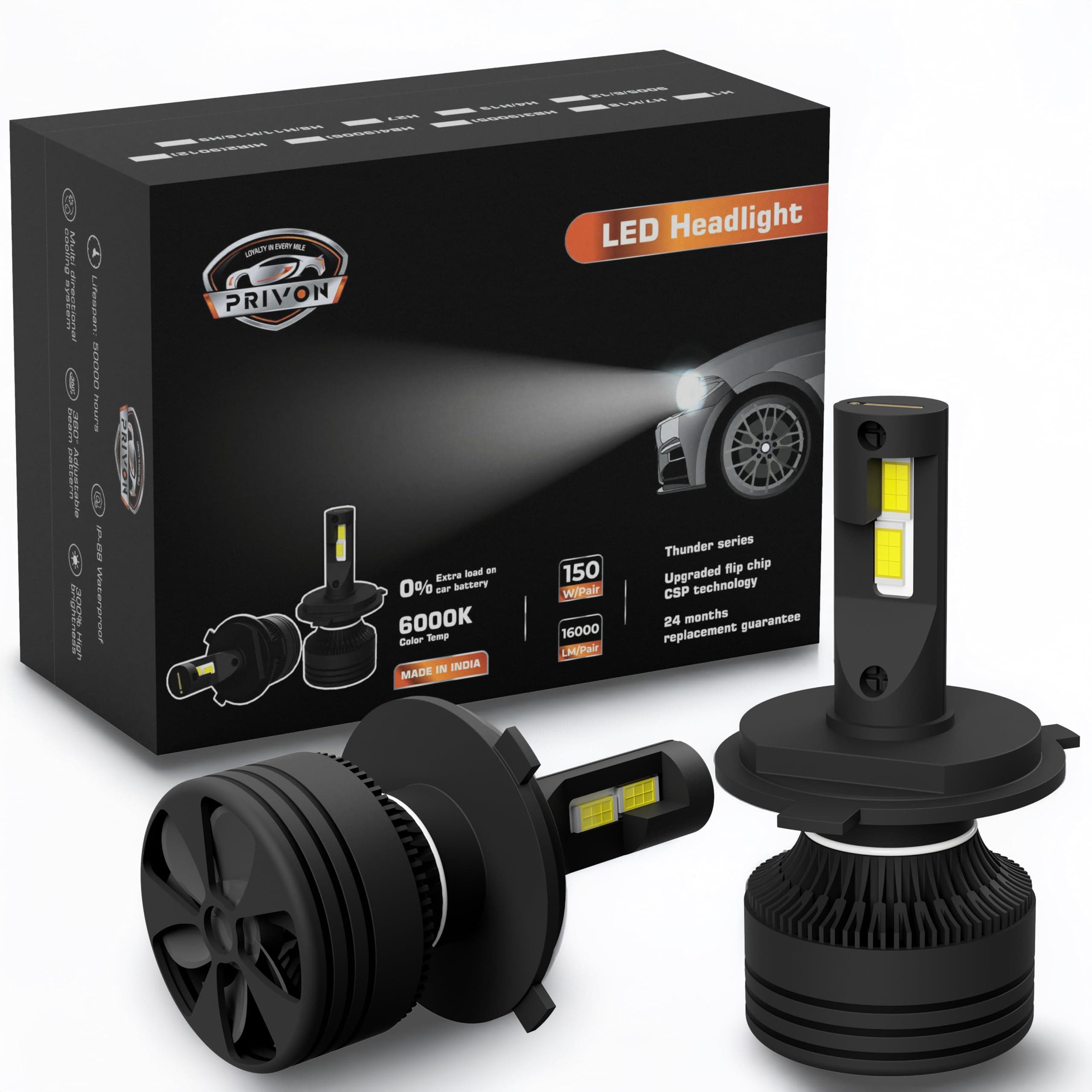 PRIVON 150W H4 LED Headlight for Car - 16000LM 6000k White, 2 years Replacement guarantee, Plug & Play, Error-free CANBUS, IP68 waterproof - pack of 2 (75W each bulb, H4/H19)