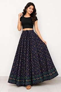 SHREE GOVIND TEXTILES Women's Rayon Full Length Maxi Skirt | Printed Flared Long Skirt | Elastic Waist Boho Ethnic Casual