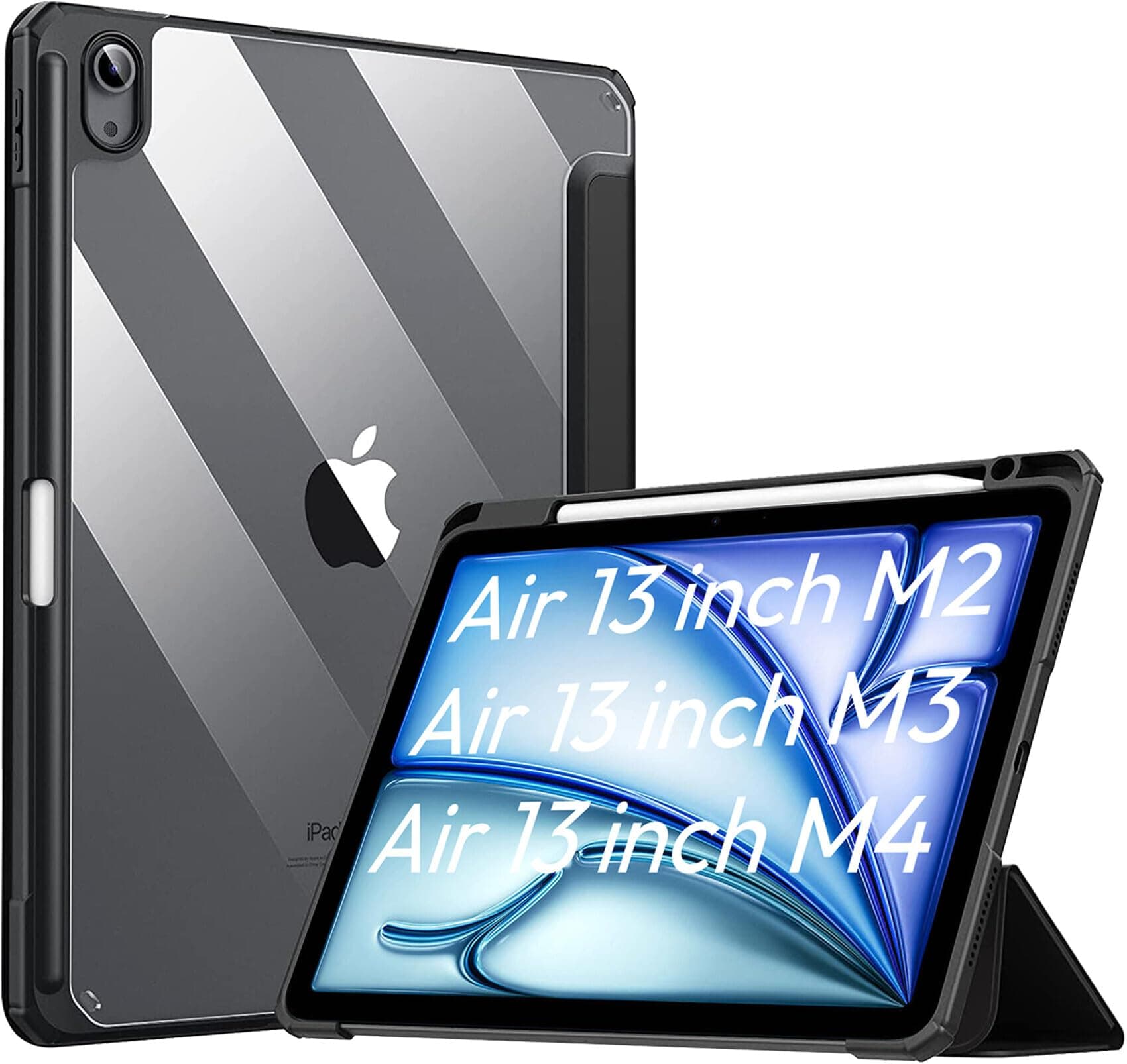 Robustrion Cover for iPad Air 13 inch M4/M3/M2 (2026/2025/2024) Cover Case with [Pencil Holder] [Transparent Back] Hybrid Case Cover for iPad Air 13 inch [Auto Sleep Wake Support] - Black