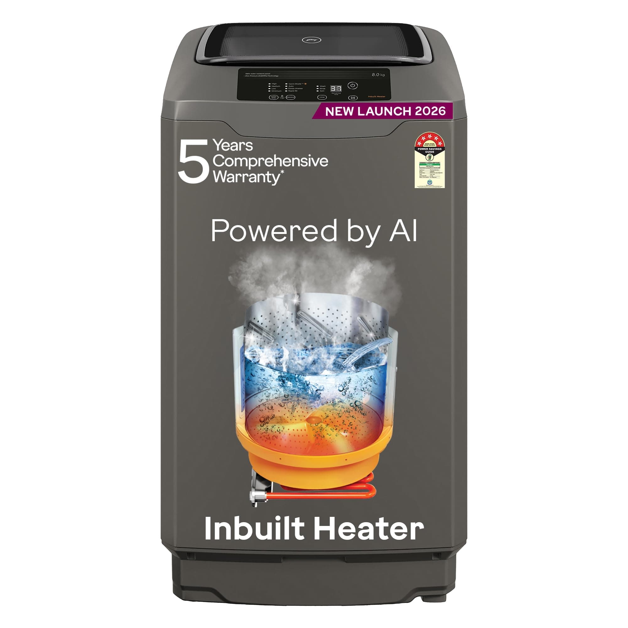 Godrej 8 Kg 5 Star Rating Fully Automatic Top Load with 5 Years Warranty, In-built Heater, GermShield Technology, Stainless Steel Drum Washing Machine (WTEON ALR C 80 5.0 FDAH ROGR, Royal Grey)