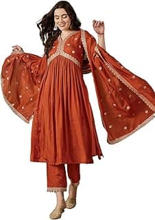 SheWill Women's Orange Vichitra Silk Alia Cut Kurta Set with Zari Sequence Chain Work, Pant & Dupatta | Kurta with Embroidery for Women