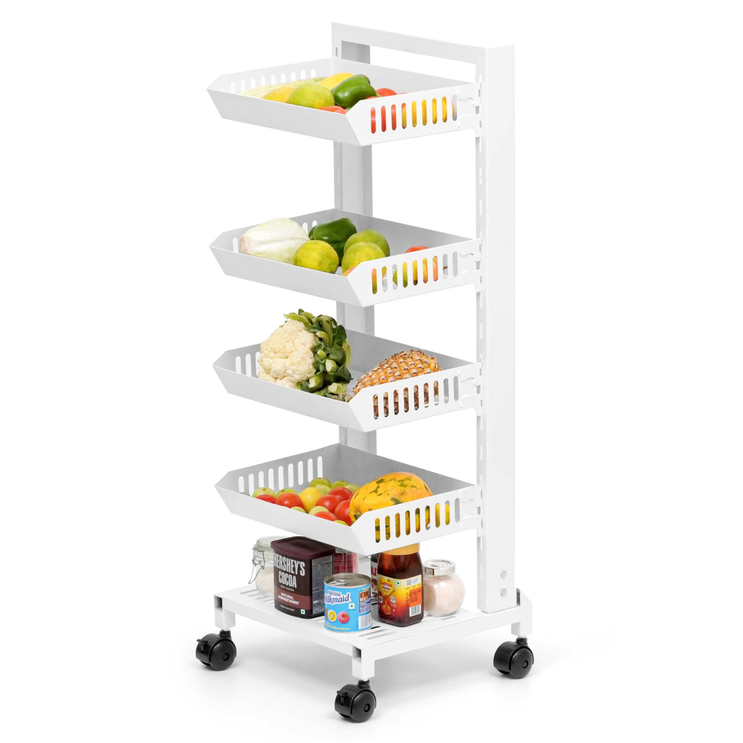 Livzing 5 Tier Metal Kitchen Storage carts with Wheels - Space Saving Shelf - Adjustable Storage Rack for Fruits-Vegetable-Onion-Sabji Corner Stand, Multipurpose Kitchen Trolley for Home - (White)