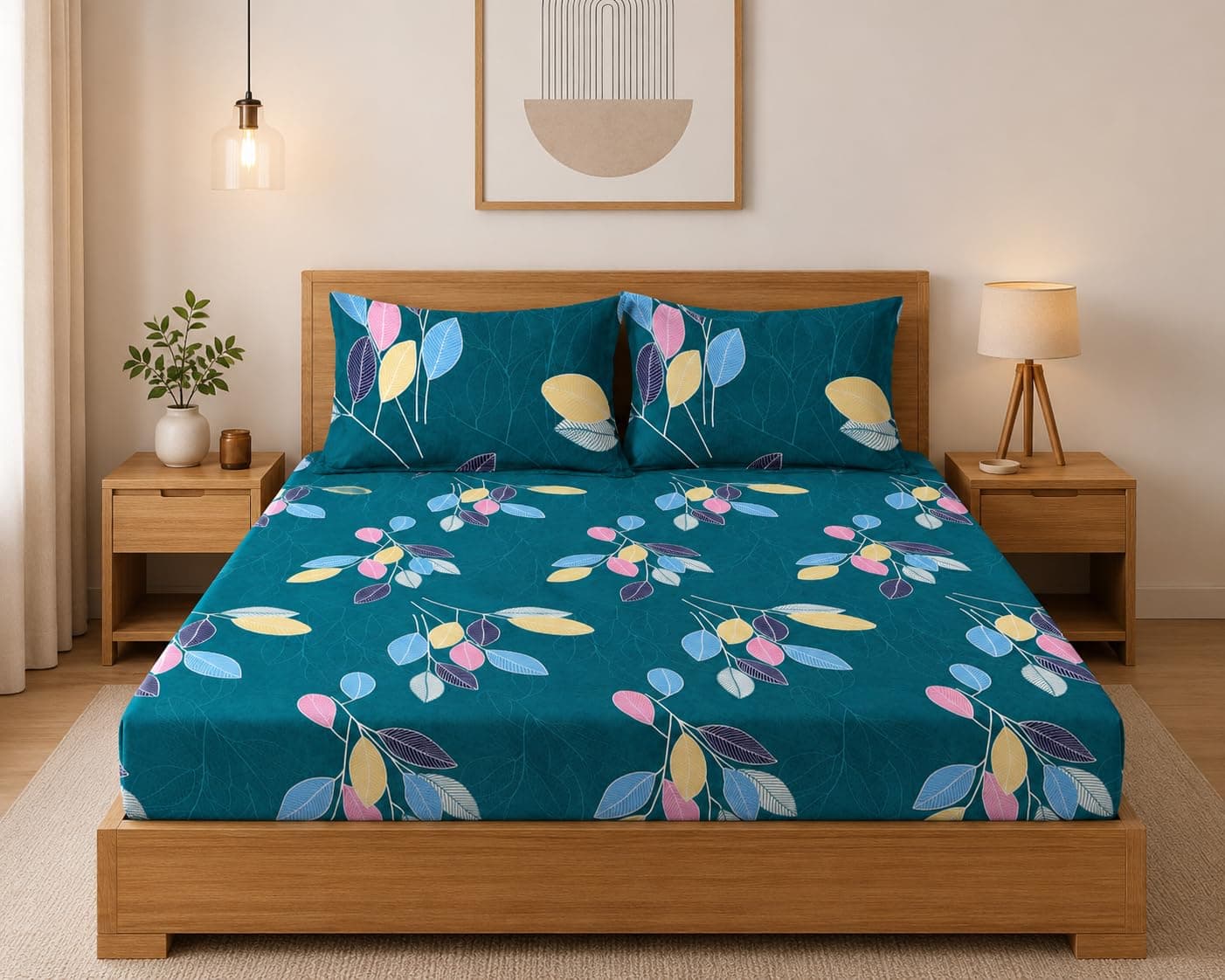 LOOMLYFE 300 TC Microfiber XXL Soft Cotton Super King Size Bedsheet for Double Bed, King Size 108 Inches X 108 Inches, 9 Feet, 275 X 275 cm with 2 Large Size Pillow Covers - GreenLeaves