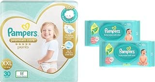 Pampers Premium Care Pants, Double Extra Large size baby diapers (XXL), 30 Count, Softest ever Pampers pants & Baby Gentle Wet Wipes with Aloe Vera 144 Wipes