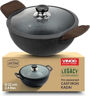 Vinod Legacy Pre-Seasoned Cast Iron Kadai 2.4 L, 22cm | Kadhai with Glass Lid | 100% Pure, Naturally Stick-Free | Gas Compatible | Traditional Kadai for Biryani, Curry & Deep Frying | Healthy Cooking