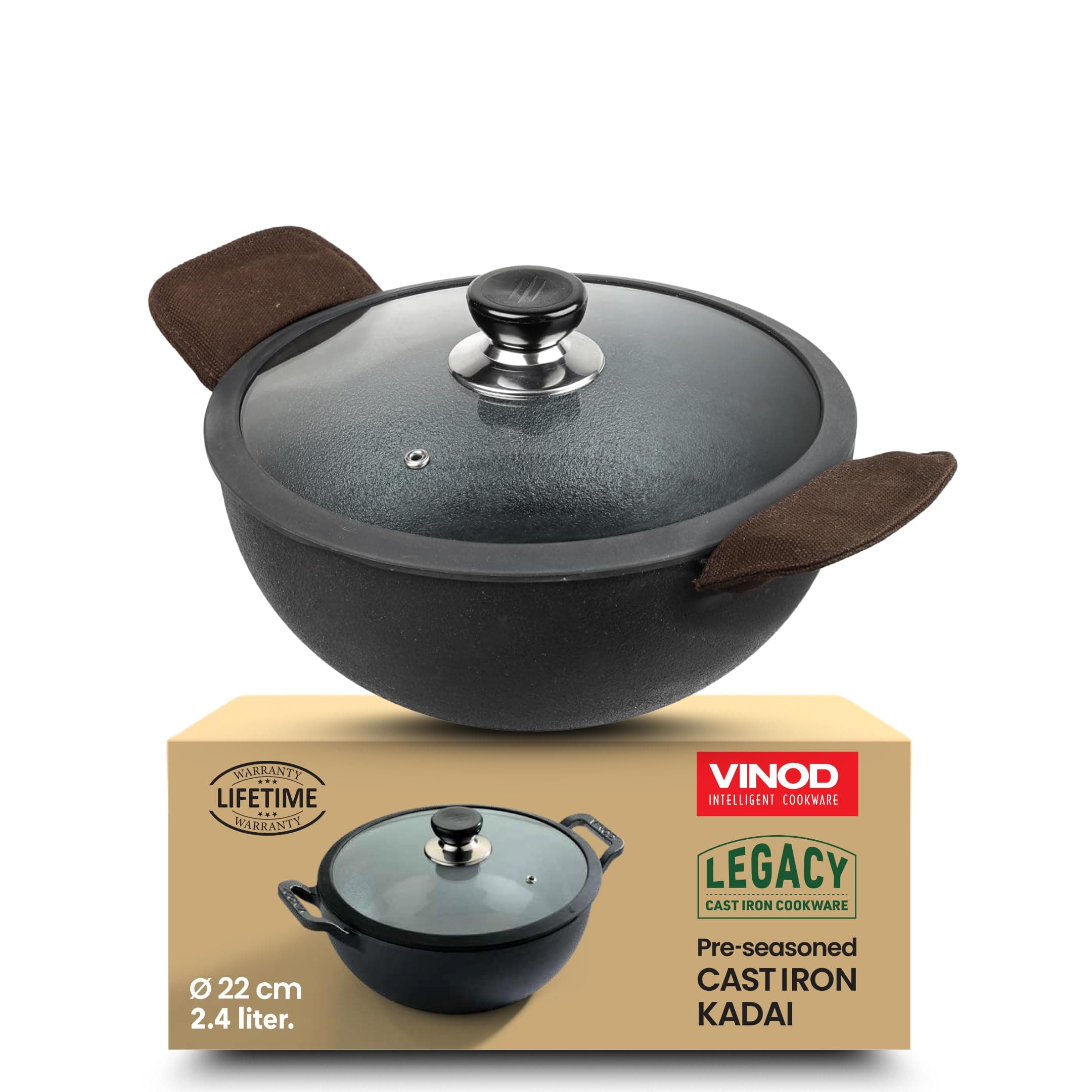 Vinod Legacy Pre-Seasoned Cast Iron Kadai 2.4 L, 22cm | Kadhai with Glass Lid | 100% Pure, Naturally Stick-Free | Gas Compatible | Traditional Kadai for Biryani, Curry & Deep Frying | Healthy Cooking