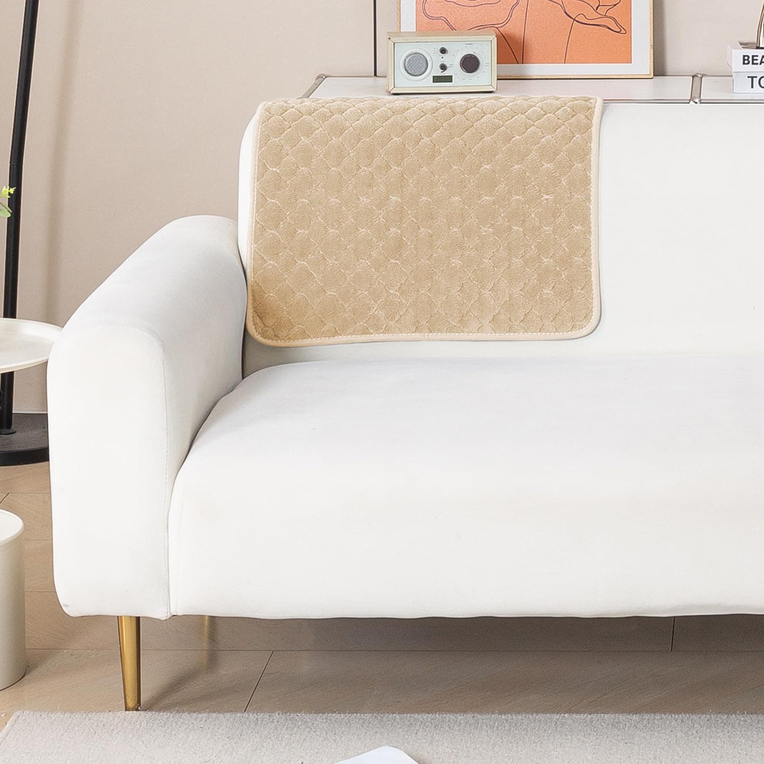 HOKIPO Diamond Plush Sofa Backrest Cover, 1 Pc, Beige | One pebble-quilted plush back cover, fits most sofas. Matching seat mats and arm covers available to complete the set.