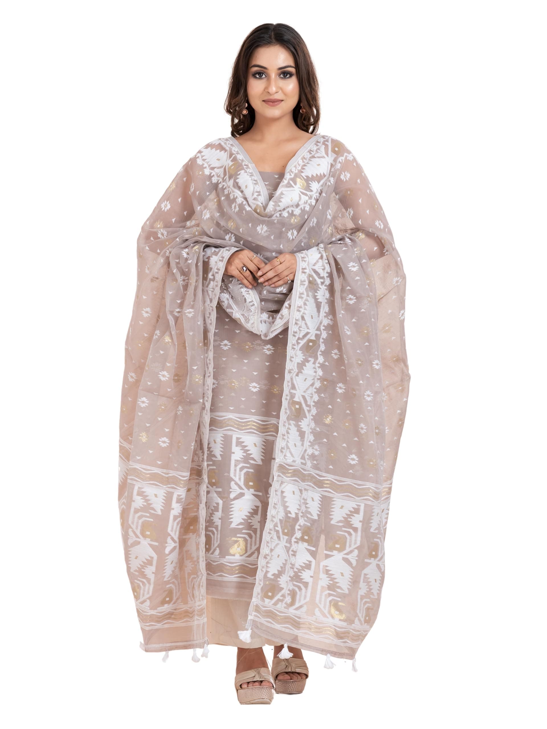 DURGA HANDLOOMS Dhakai Jamdani Unstitched Cotton Kurti with Dupatta, (Dupatta Length- 2.5 meter; Unstitched Kurti Length- 3 meter)