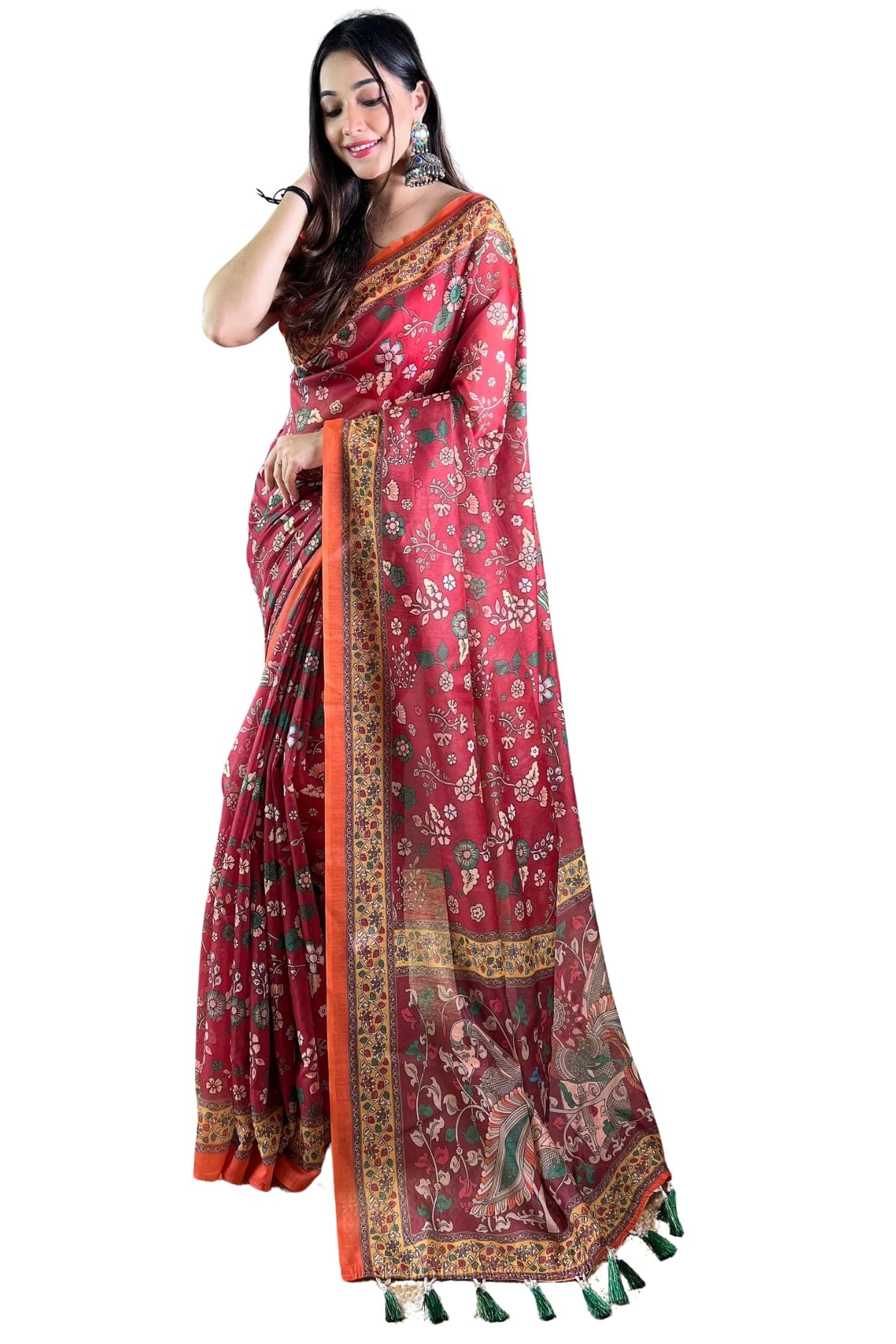 SGF11- Women's Cotton Linen Silk Saree With Kalamkari Print With Blouse Piece
