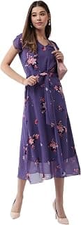 Miss Chase Women Pleated V Neck Full Sleeves Relaxed Fit Midi Length Dress