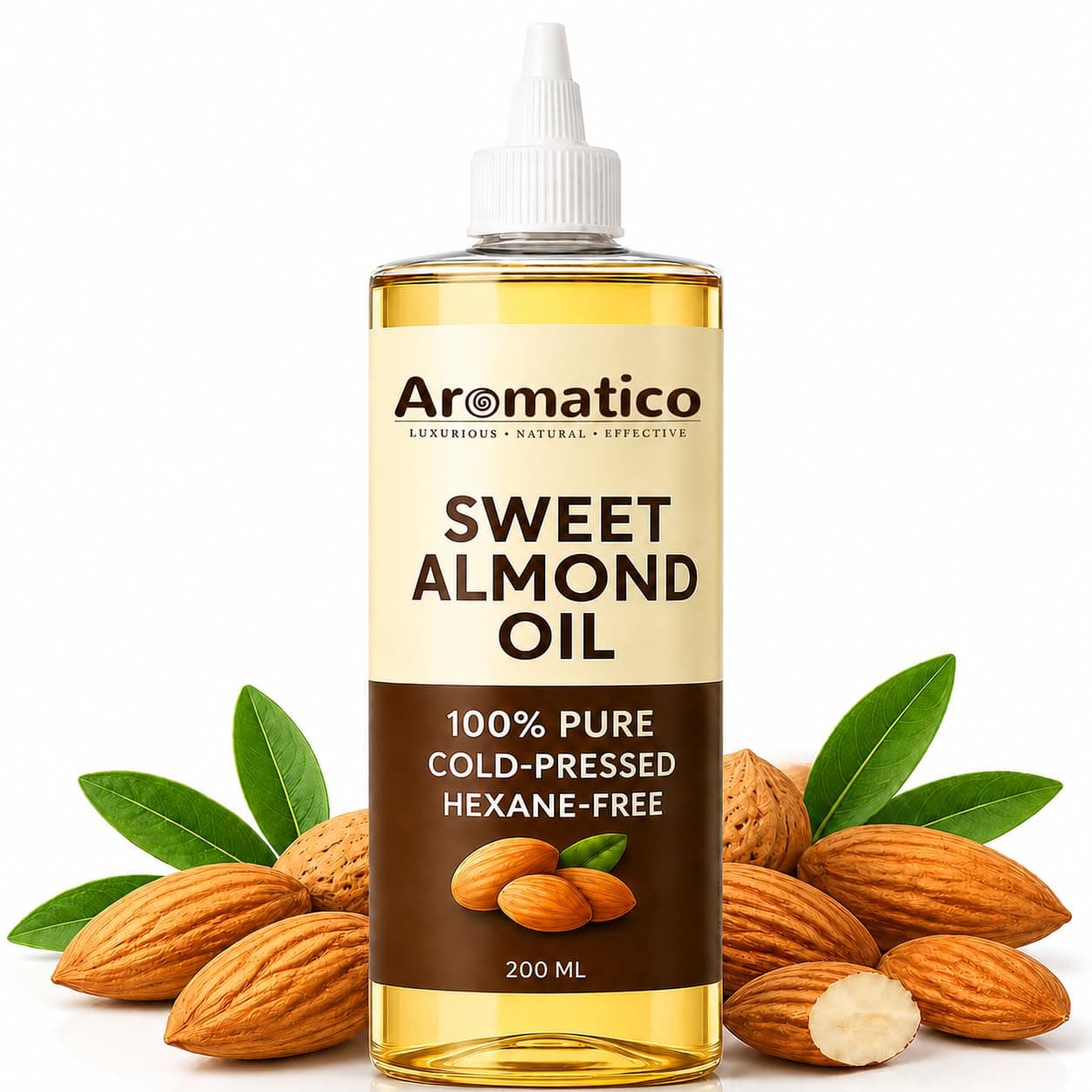AROMATICO 100% Pure Cold Pressed Sweet Almond Oil for Hair & Skin | Vitamin-Rich Natural Oil for Hair Strength, Face Glow, Body Massage & Skin Softness - 200ml