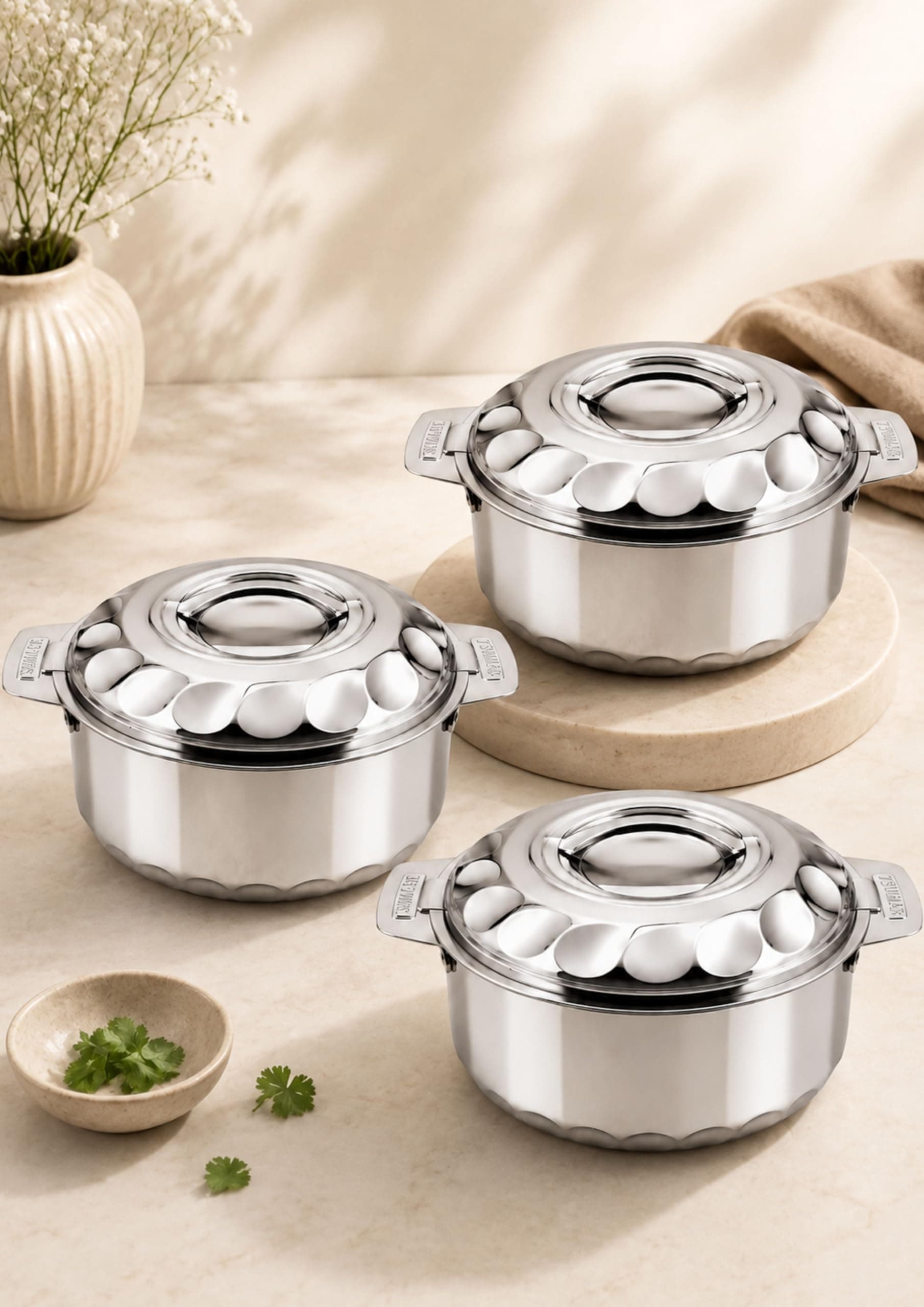 TSUMAB Premium Stainless Steel Hot Pot Set of 3 with Lid Handle | Insulated Casserole Set for Roti, Rice, Curry & Biryani | 1L + 1.5L + 2.5L
