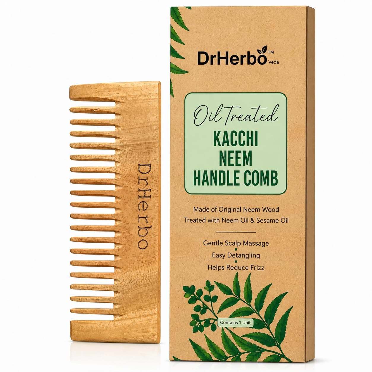 DrHerbo Kacchi Neem Wooden Shampoo Comb, Soaked In 13 Herbs, Neem & Sesame Oil - For Post Shampoo Detangling Suited For Long & Thick Hair (Wide Tooth- Small Size) Pack of 1