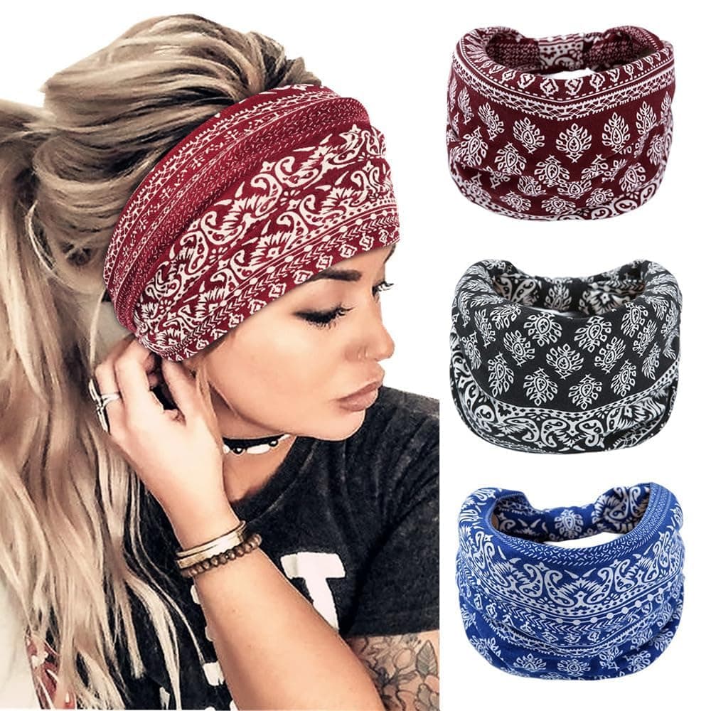 Melodio 3 Pack Paisley Bandana Headbands for Women, Boho Wide Turban Head Wraps, Elastic Non-Slip Sweatbands, Bohemian Printed Hair Accessories for Yoga, Running, Daily Wear