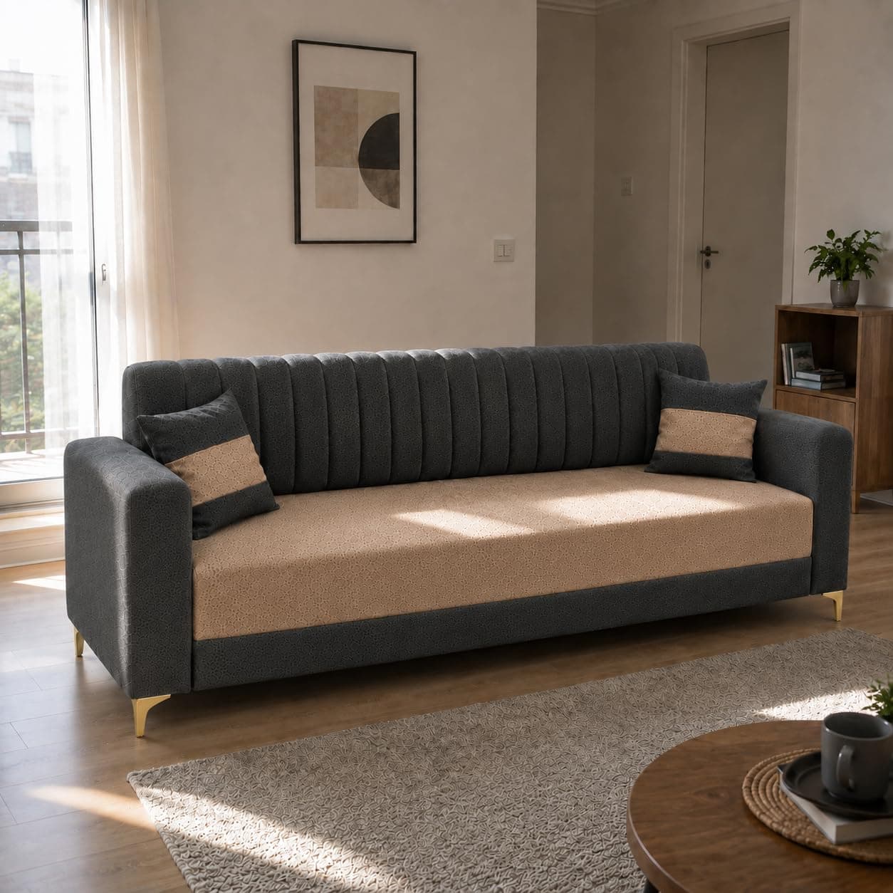 FURNY Signature Regalia 3 Seater Sofa Set | Boston Fabric | 40D Foam + Zigzag Spring | 3-Yr Warranty (Ash Grey & Warm Beige) | Modern Living Luxury Sofa Set for Home, Office & Hotel Spaces