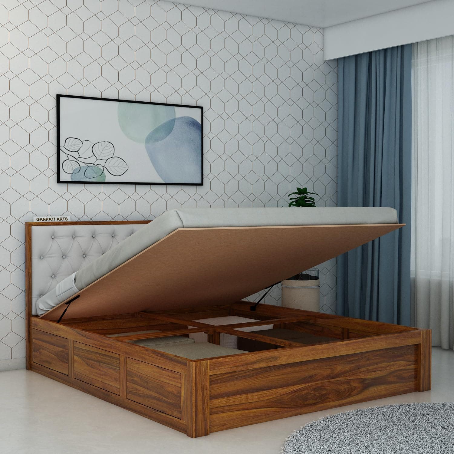 Ganpati Arts Solid Sheesham Wood Decan Queen Size Bed with Hydraulic Storage and Upholstery Headboard (Natural Finish)
