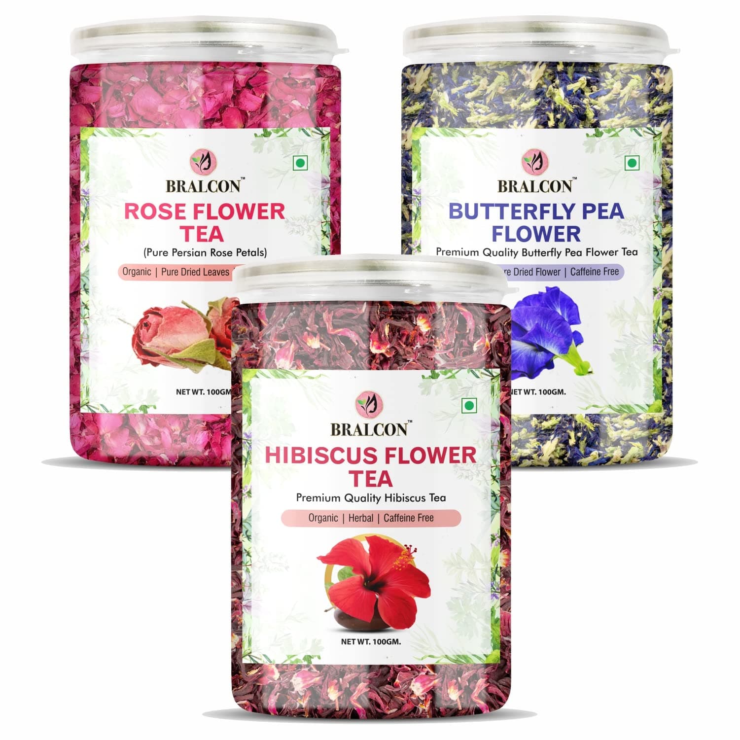 BRALCON Herbal Tea Combo Pack (300g) | 100g x 3 Packs | Hibiscus, Butterfly Pea & Rose Flower Infusion | Caffeine-Free Natural Dried Petals for Brewing