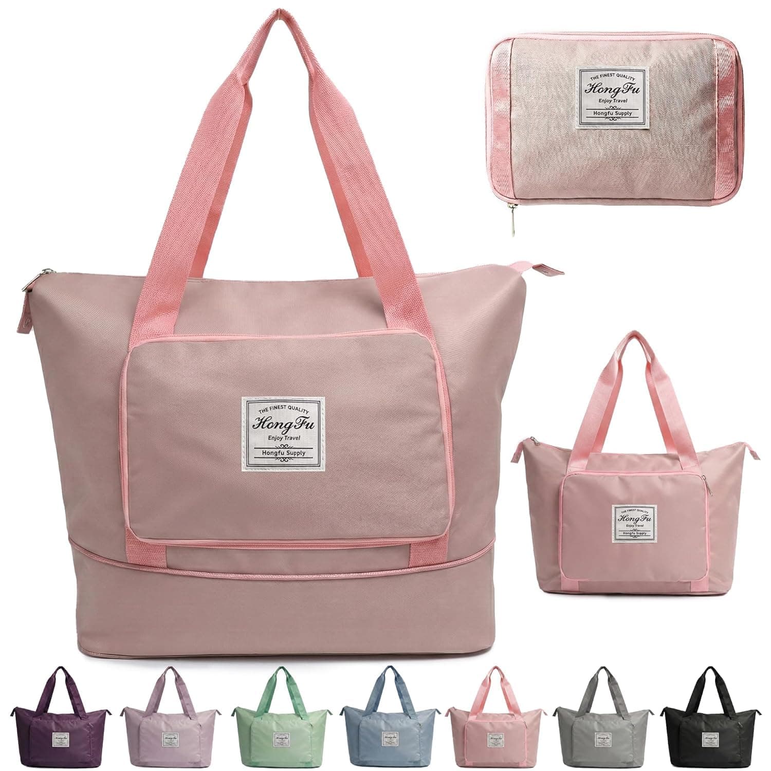 41L Expandable Travel Duffle Bag for Women | Waterproof Nylon Foldable Travel Bag | Overnight Luggage Handbag with Wet Pocket | Lightweight Carry-On Gym & Weekend Bag for Ladies (Light Pink)