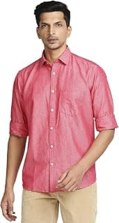 Colorplus Men's Cotton Linen Blend Warp Chambray Pattern Tailored Fit Spread Collar Full Sleeve Casual Shirt