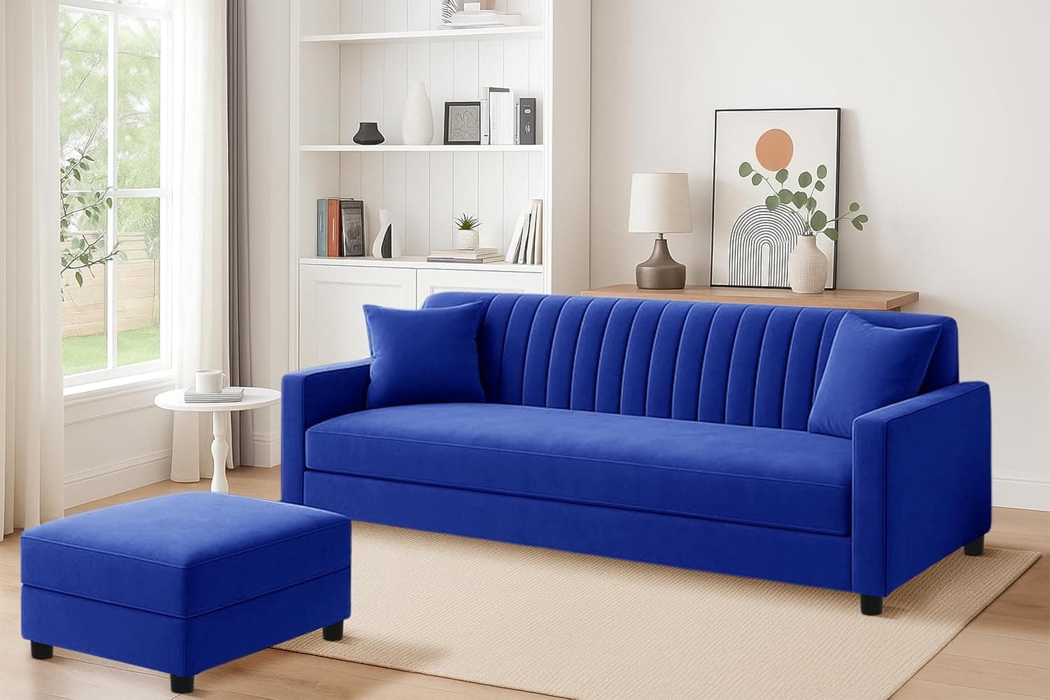 Rosebell Sofa Set with Ottoman Combo 3 Seater Sofa Set with Matching Footrest for Living Room & Bedroom - Blue Color