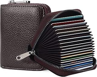 VOGARD RFID 12 Card Slots Leather Credit Card Holder Small Zipper Card Case Wallet for Women & Men (POP69-Brown)