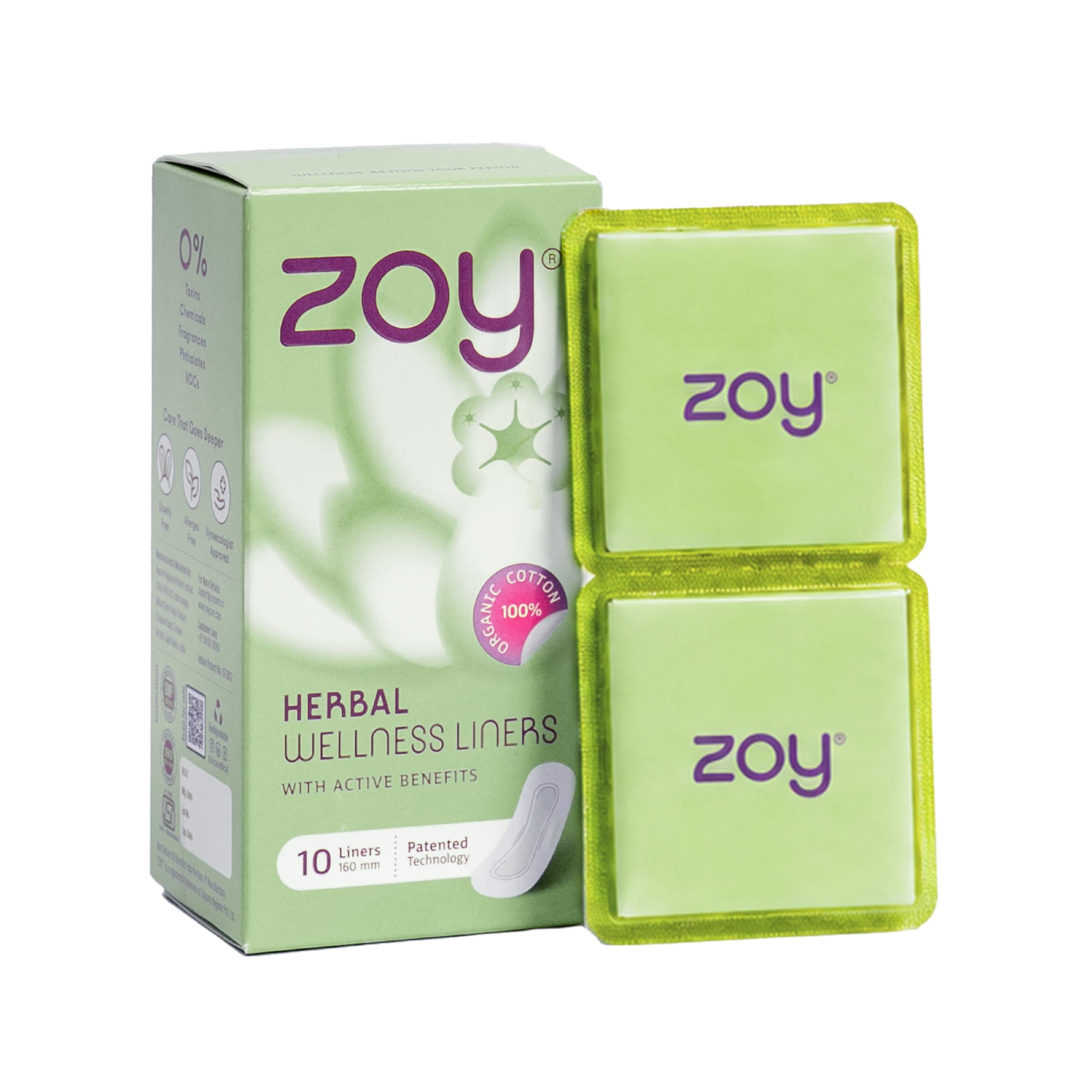 ZOY Herbal Wellness Panty Liners for Women | Pack of 10 | 160mm | Helps For White Discharge & Irregular Periods | Post-Partum Support | Daily Care, Ultra Thin Cotton , Breathable, Rash-Free | 100% Toxic-Free | Daily Use Panty Liner Pads Sanitary Napkins
