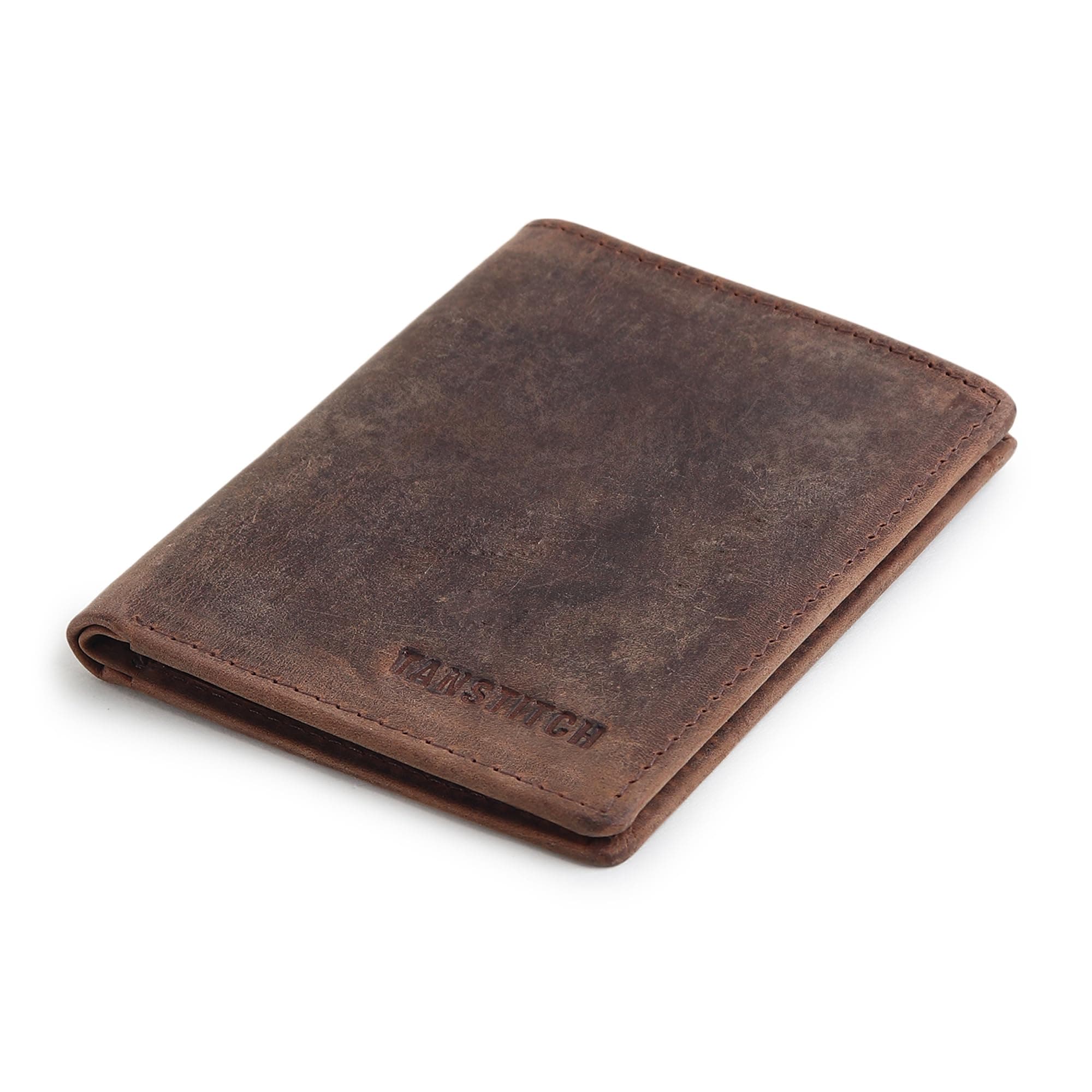 TANSTITCH Bifold Vertical Wallet | Full Grain Leather | RFID Protected | Front Pocket Wallet | Sim Card & Sim Ejector Slot(Brown-Hunter)