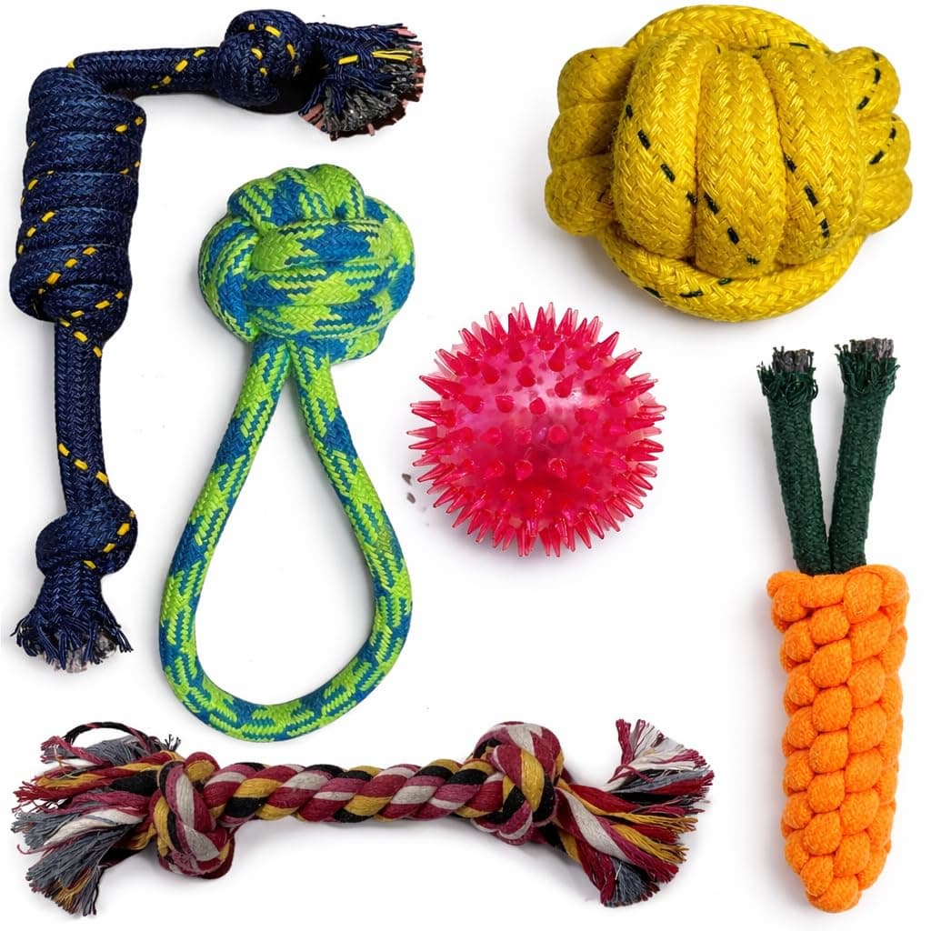 WAGGY TAILS Dog and Puppy Toy Set Pack of 6 – Chew, Teething, Rope and Tug Toys for Small to Medium Dogs, Washable Cotton Toys for Dental Care, Training and Play