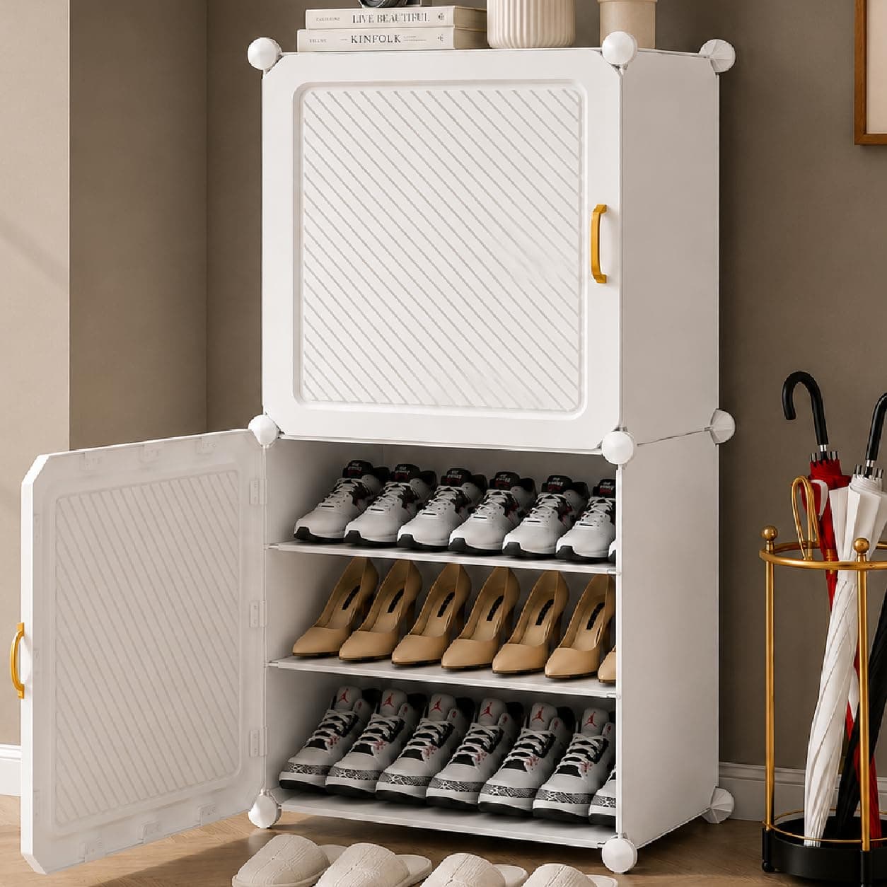 EXVITO Plastic Shoe Rack for Home with Door, 6-Door Shoe Storage Cabinet | 18-Shelfs for 36 Pairs | Waterproof & Portable DIY Shoe Slipper & Chappal Stand for Entryway/Bedroom - (White, 2 Door)