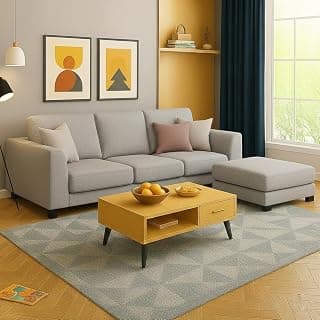 FURNY Revona 4 Seater L Shape Sofa Set with Movable Ottoman | Flexible Left or Right Layout | Plush Velvet Fabric (Light Grey) | Perfect for Living Room, Guest Room & Office