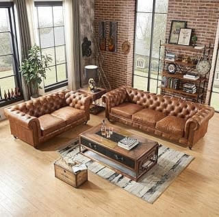 Classic Leatherette Chester Sofa Set Button Tufted, Classic Style Sofa Set 5-Person Sofa for Living Room, Office, and Hallway Colour (Brown Leatherette, 3+2=5 Seater Sofa)