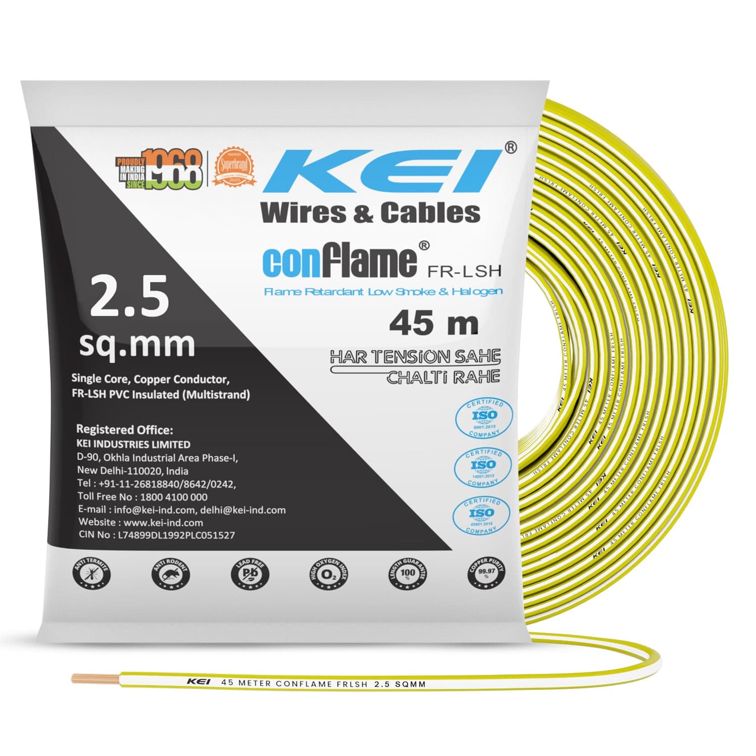 KEI CONFLAME FRLSH 2.5 sqmm 1 Core Copper Heat Resistant Flame Retardant Low Smoke & Halogen - Lead Free House Wire for Domestic & Industrial Electrical Wiring (Yellow, 45 Meters)