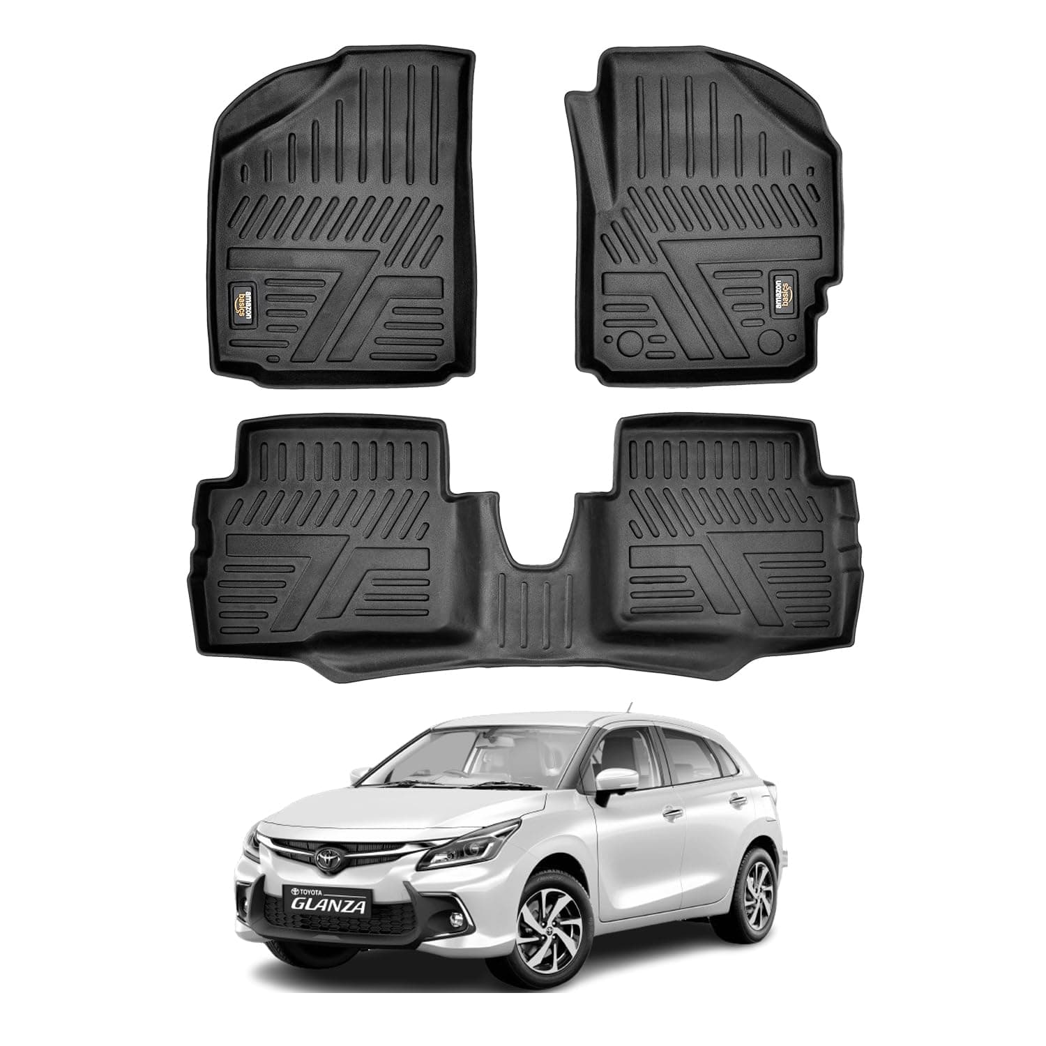 Amazon Basics 5D Custom Fit Car Floor Mats for Baleno | Odor Free Virgin Polymer | All Weather Waterproof Protection | Edge to Edge Coverage | 3 Piece Set